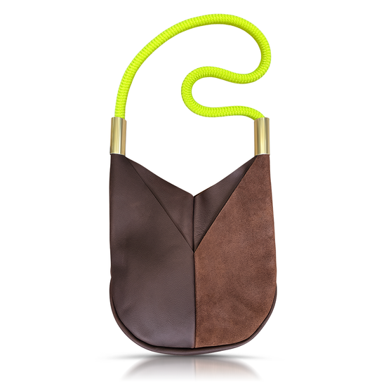 brown leather original crossbody tote with neon yellow dockline