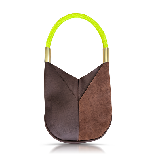 brown leather tote with neon yellow rope