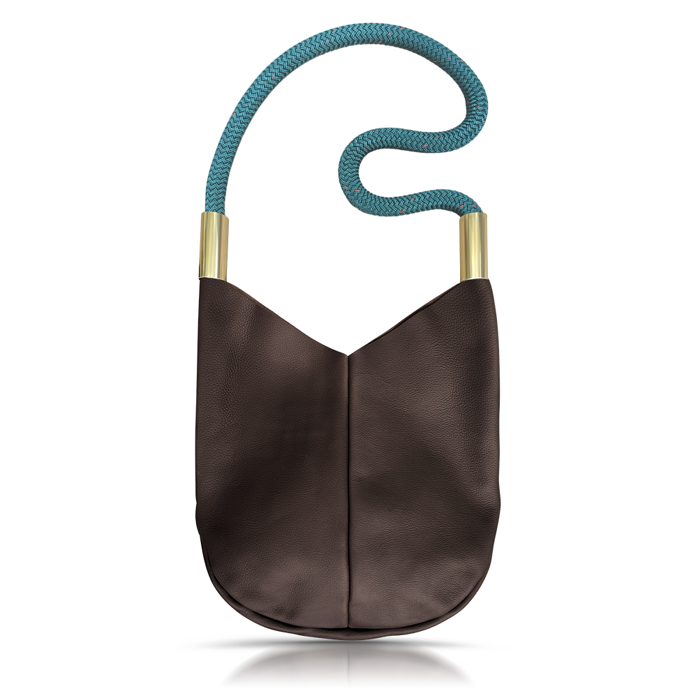 brown leather original crossbody tote with teal dockline