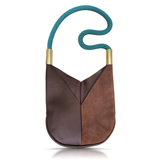 brown leather original crossbody tote with teal dockline