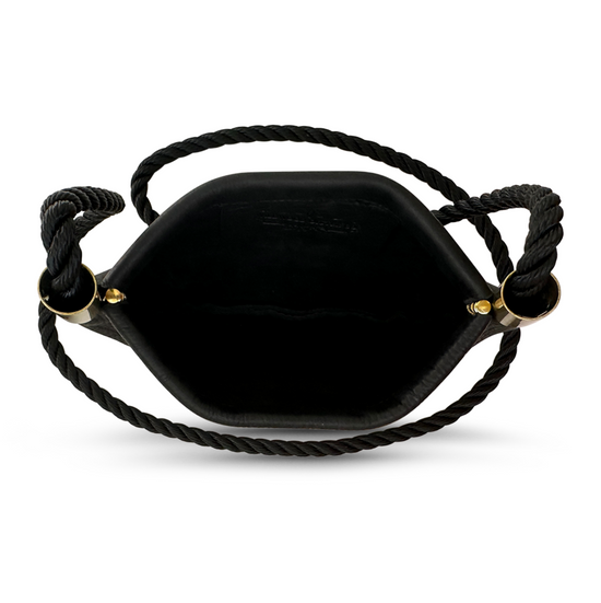 Load image into Gallery viewer, inside of black leather oyster shell bag with black dock line

