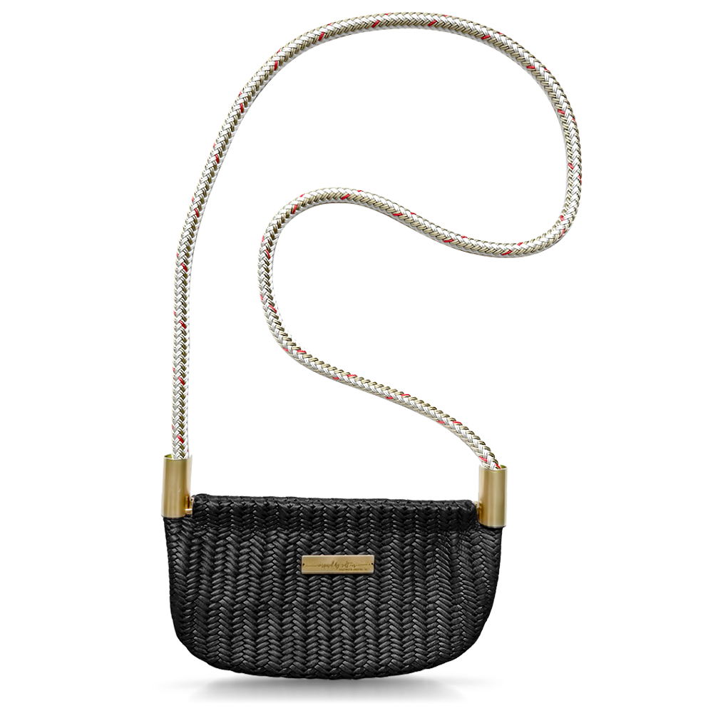 black basketweave leather oyster shell bag with gold dock line handle