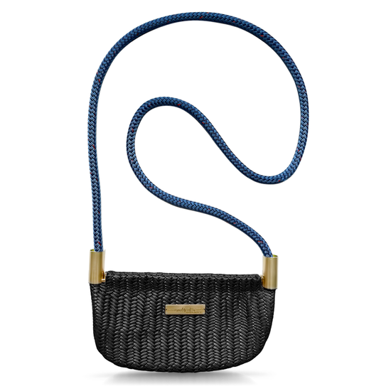 black basketweave leather oyster shell bag with harborside blue dock line handle