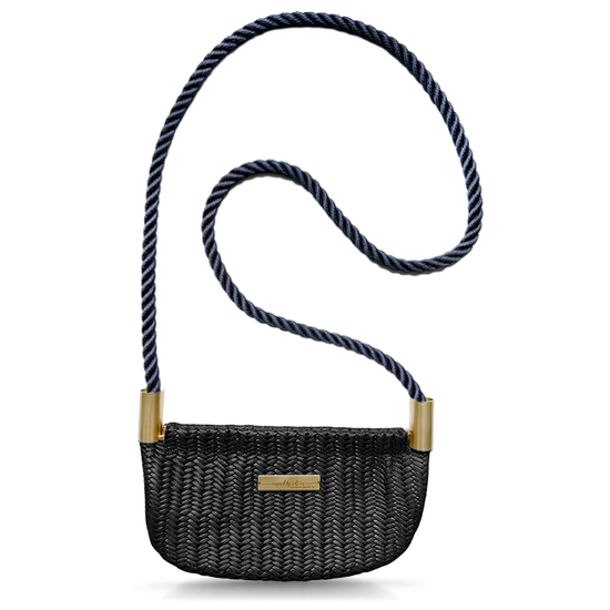 black basketweave leather oyster shell bag with navy dock line handle
