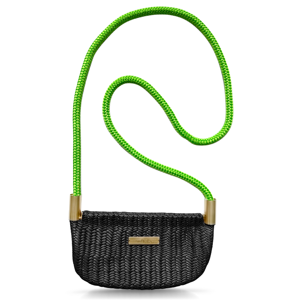 black basketweave leather oyster shell bag with neon green dock line handle