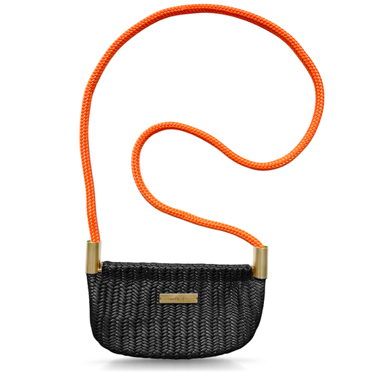 black basketweave leather oyster shell bag with neon orange dock line handle
