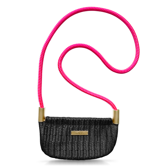 black basketweave leather oyster shell bag with neon pink dock line handle