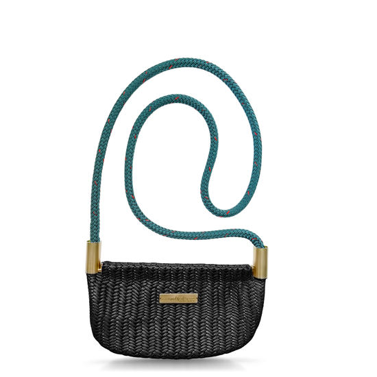 black basketweave leather oyster shell bag with teal dock line handle