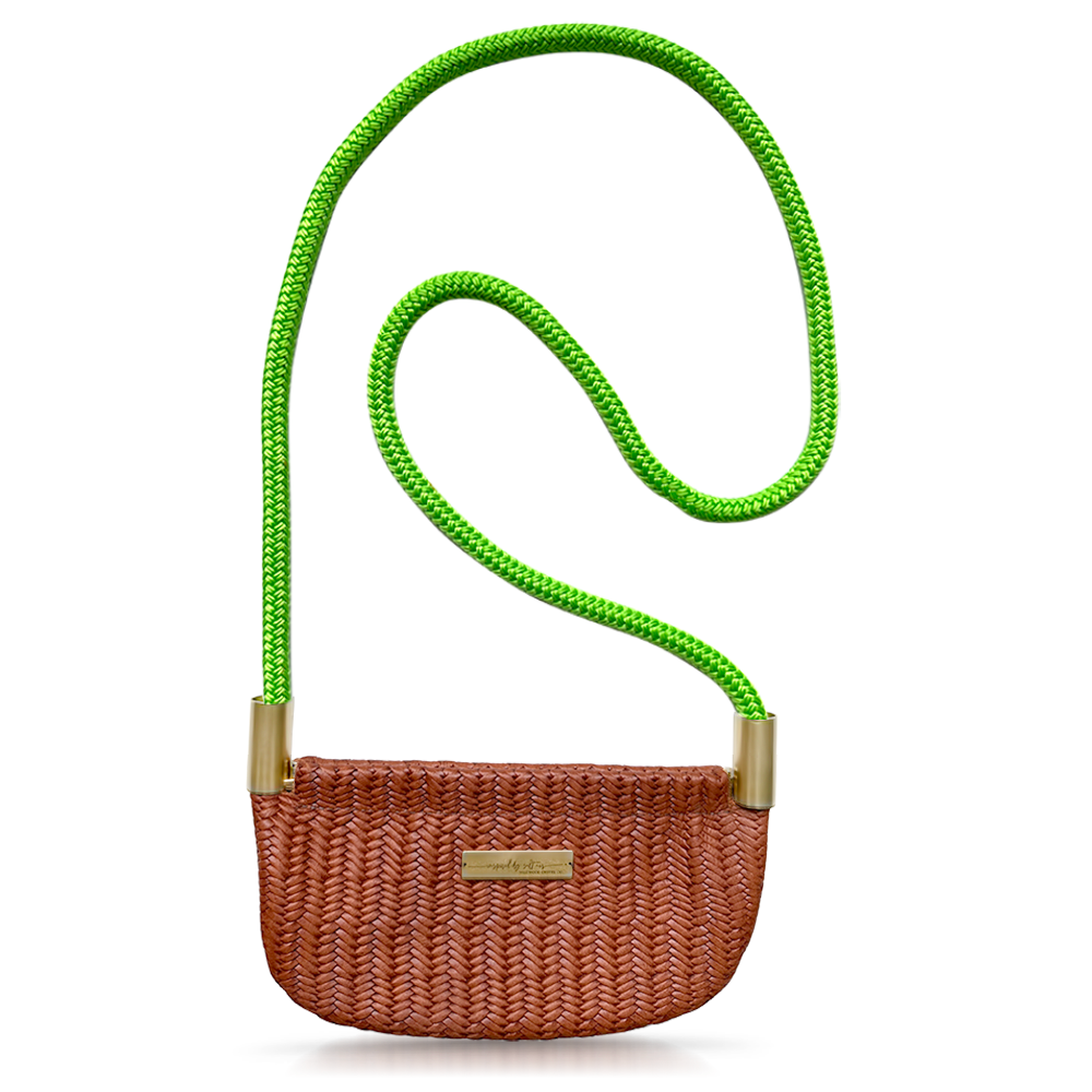 brown basketweave leather oyster shell bag with neon green dock line
