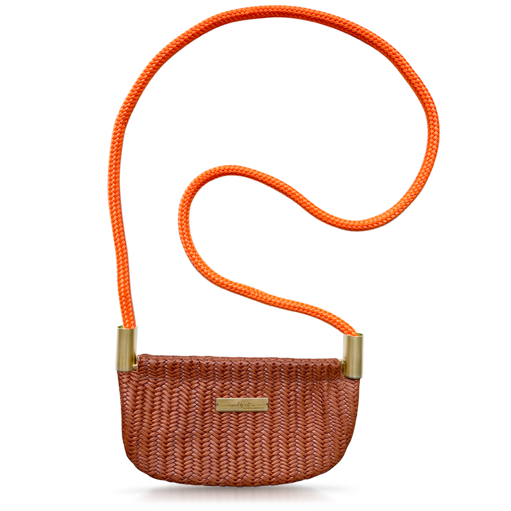 brown basketweave leather oyster shell bag with neon orange dock line