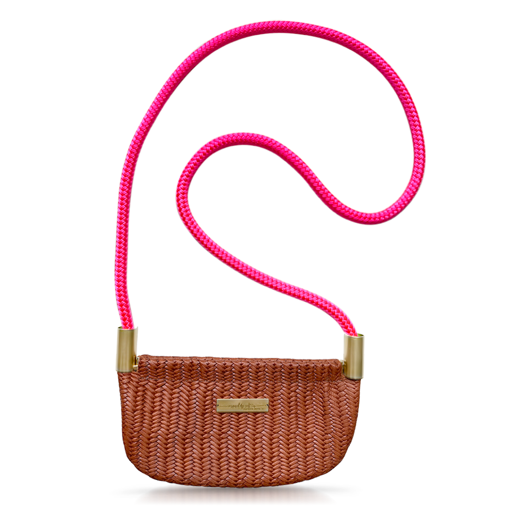 brown basketweave leather oyster shell bag with neon pink dock line