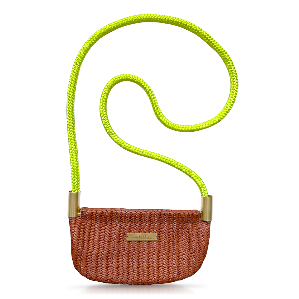 brown basketweave leather oyster shell bag with neon yellow dock line