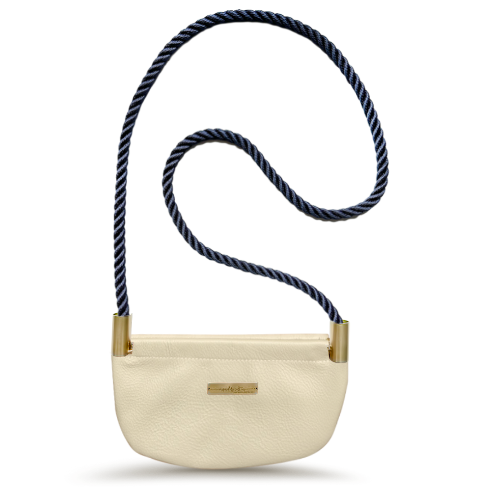 driftwood leather oystershell bag with navy dock line