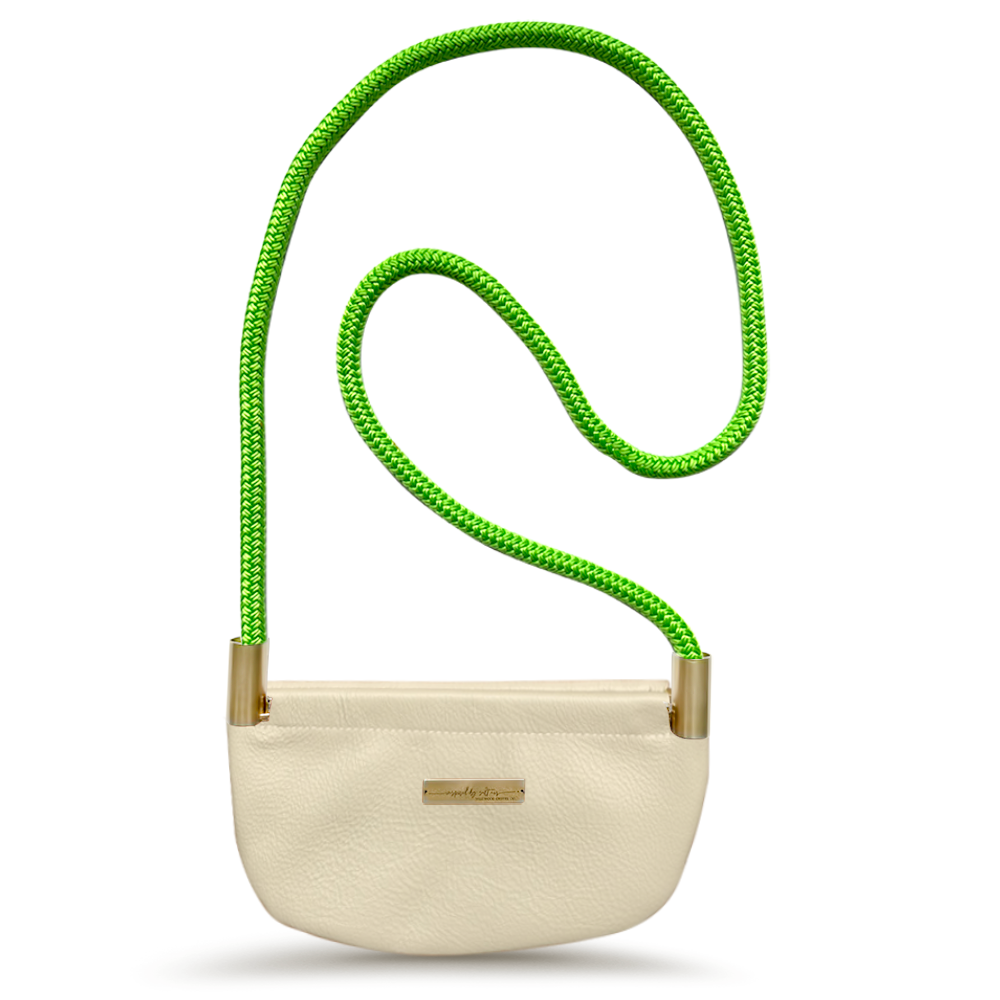 Load image into Gallery viewer, driftwood leather oystershell bag with neon green dock line
