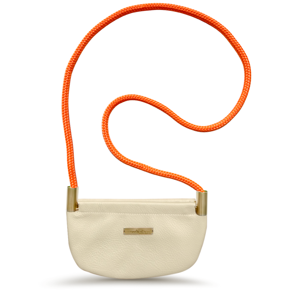 Load image into Gallery viewer, driftwood leather oystershell bag with neon orange dock line
