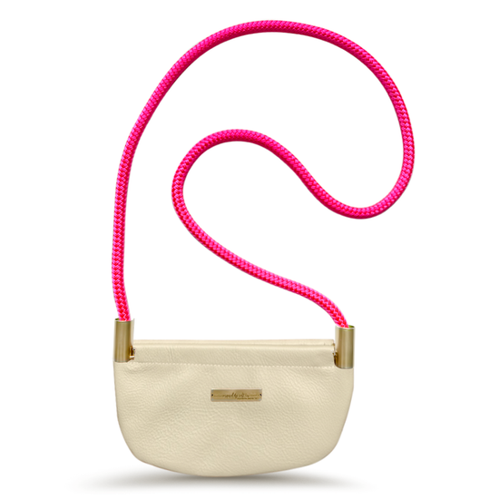Load image into Gallery viewer, driftwood leather oystershell bag with neon pink dock line
