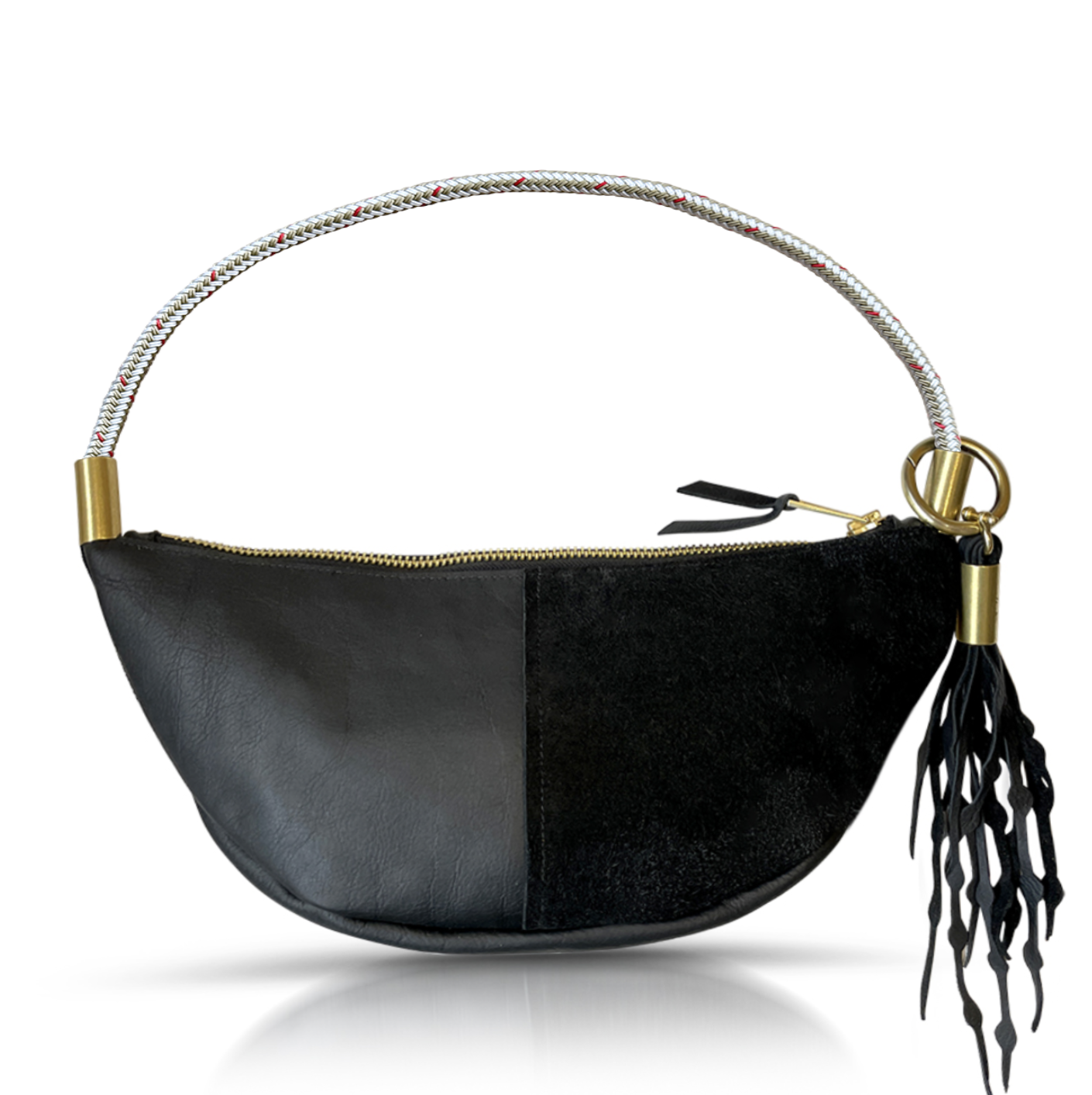 black leather sling bag with gold rope