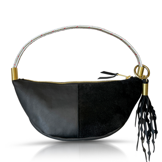 black leather sling bag with gold rope