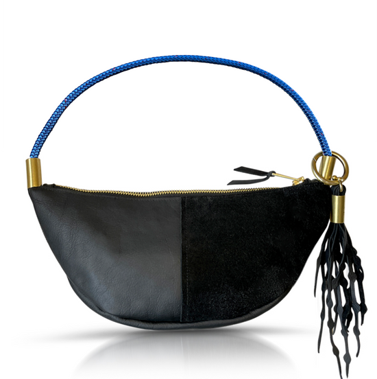 black leather sling bag with harborside blue rope