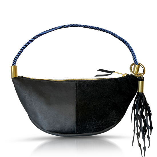 black leather sling bag with navy rope