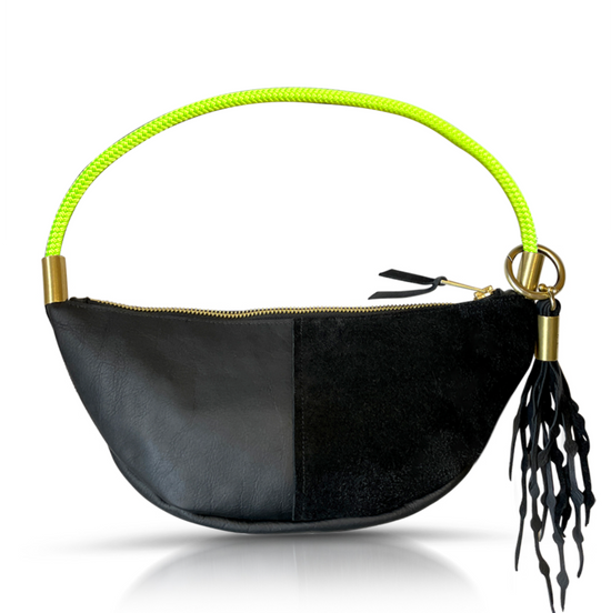 Load image into Gallery viewer, black leather sling bag with  neon yellow rope
