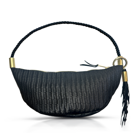 black basketweave leather sling bag with black dock line handle