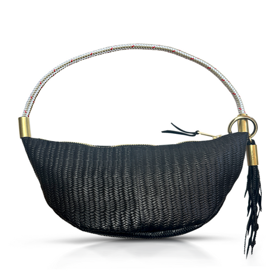 black basketweave leather sling bag with gold dock line handle