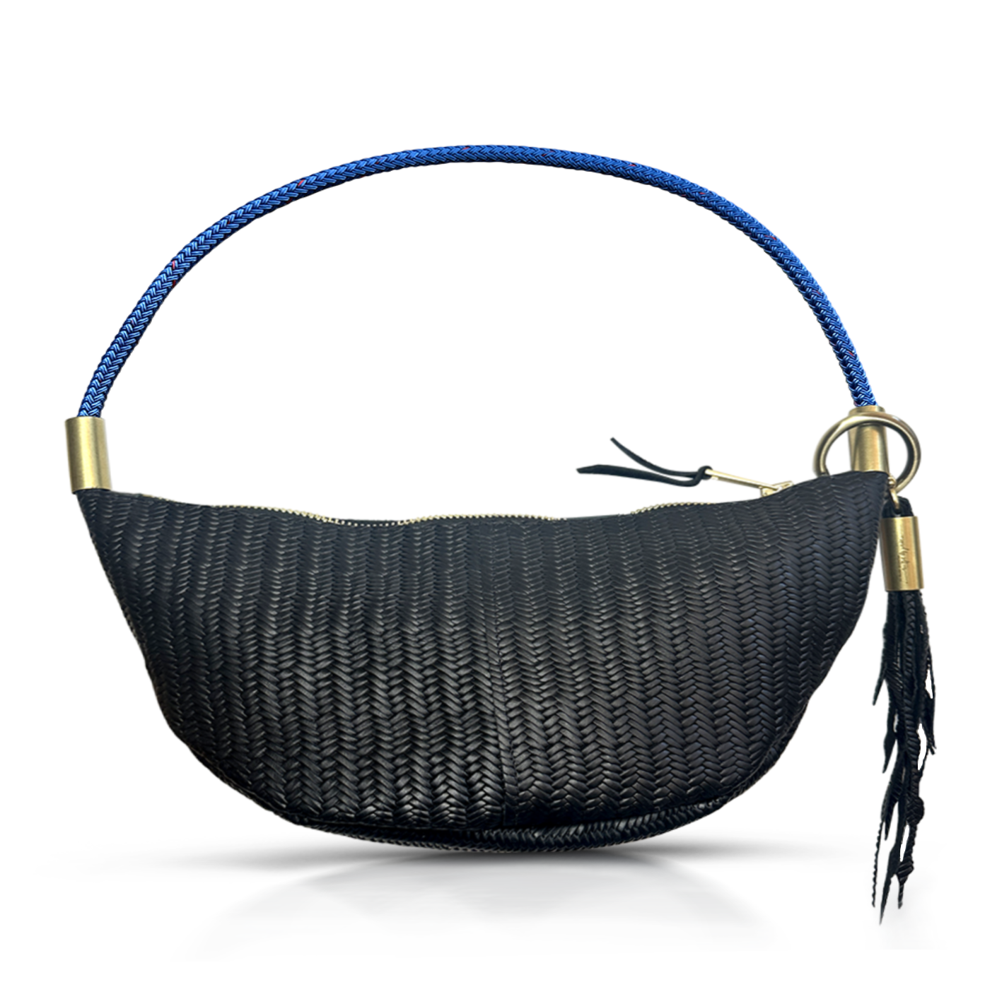 black basketweave leather sling bag with harborside blue dock line handle