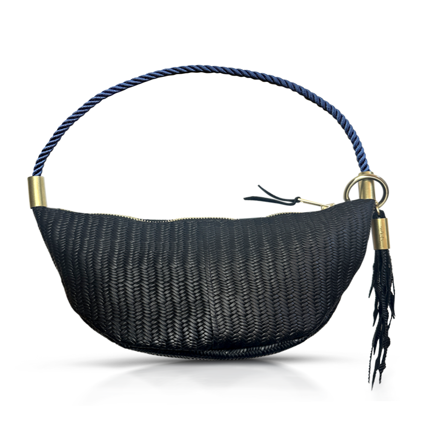 black basketweave leather sling bag with navy dock line handle