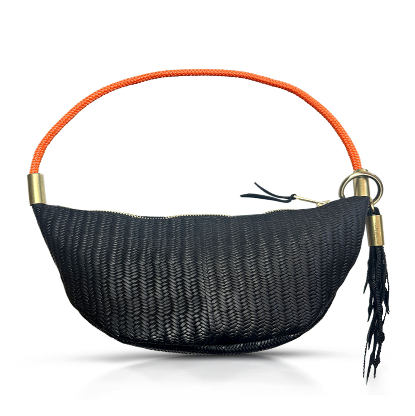 black basketweave leather sling bag with neon orange dock line handle