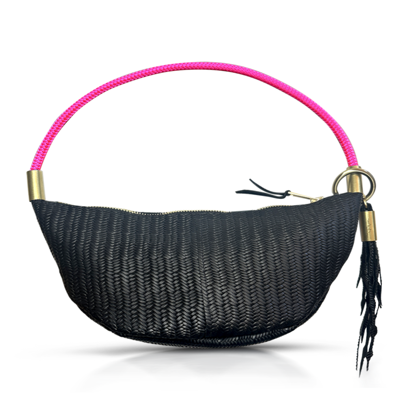black basketweave leather sling bag with neon pink dock line handle