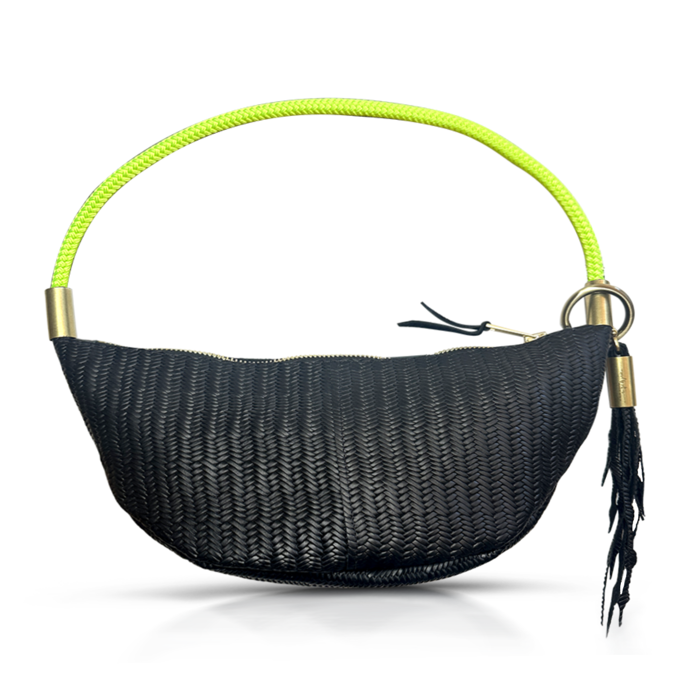 black basketweave leather sling bag with neon yellow dock line handle