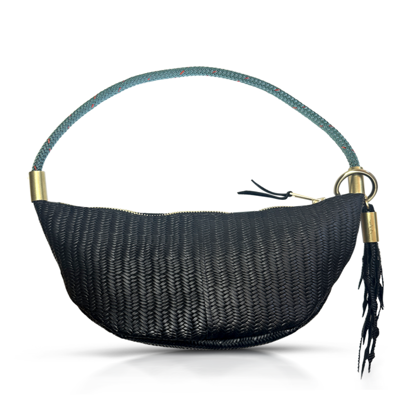 black basketweave leather sling bag with teal dock line handle