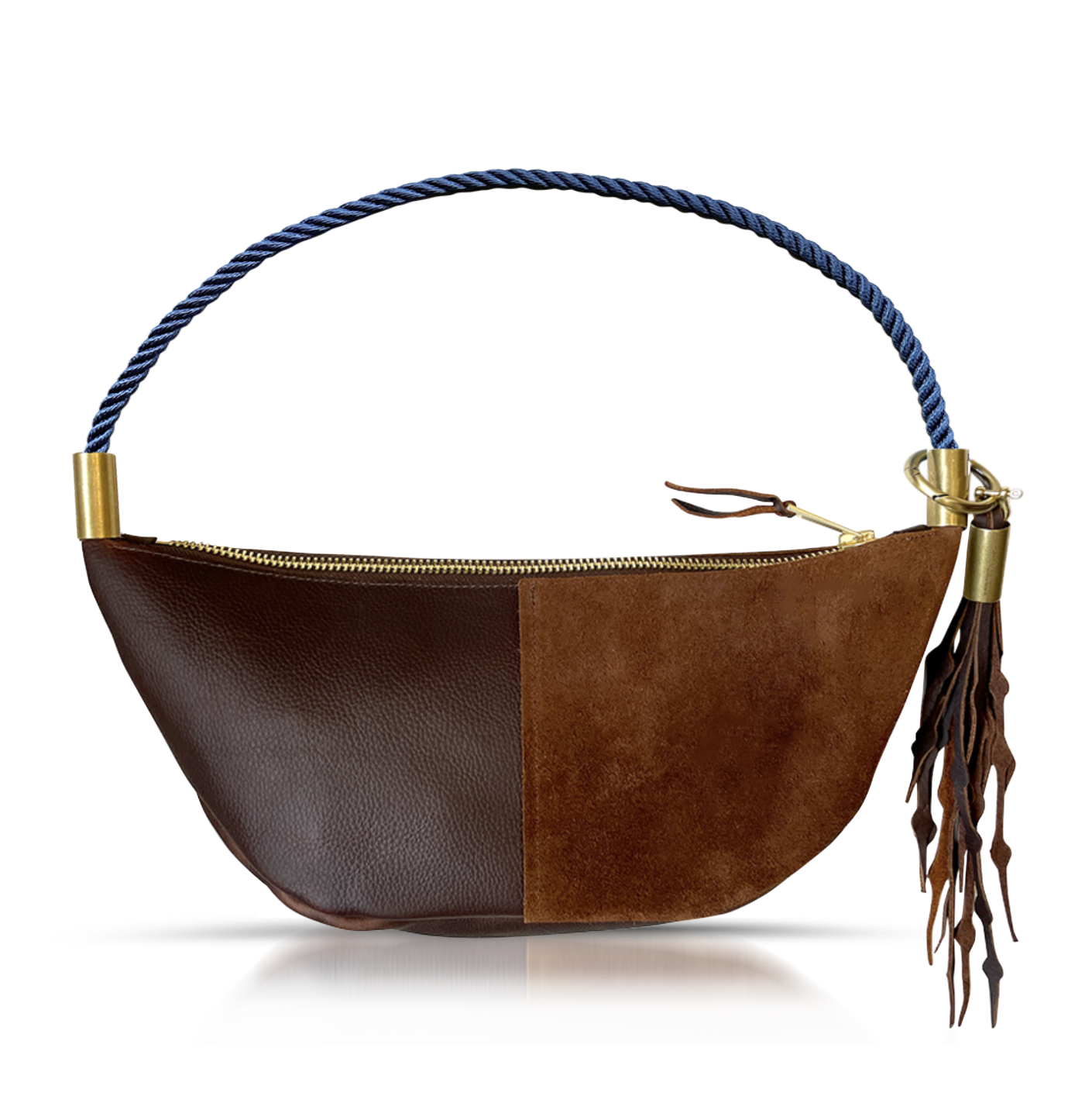 brown leather sling bag with navy dock line