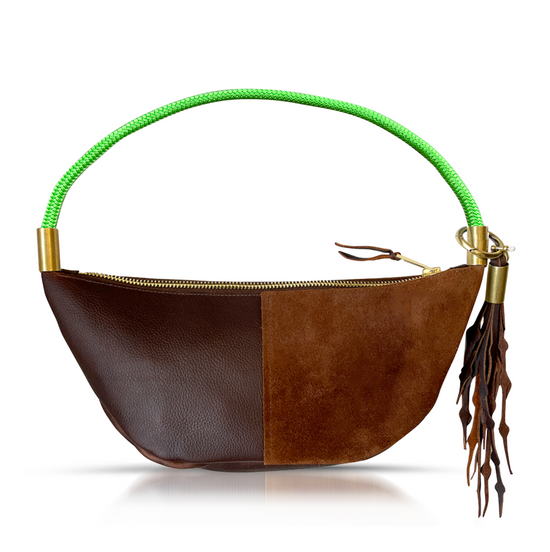 brown leather sling bag with neon green dock line