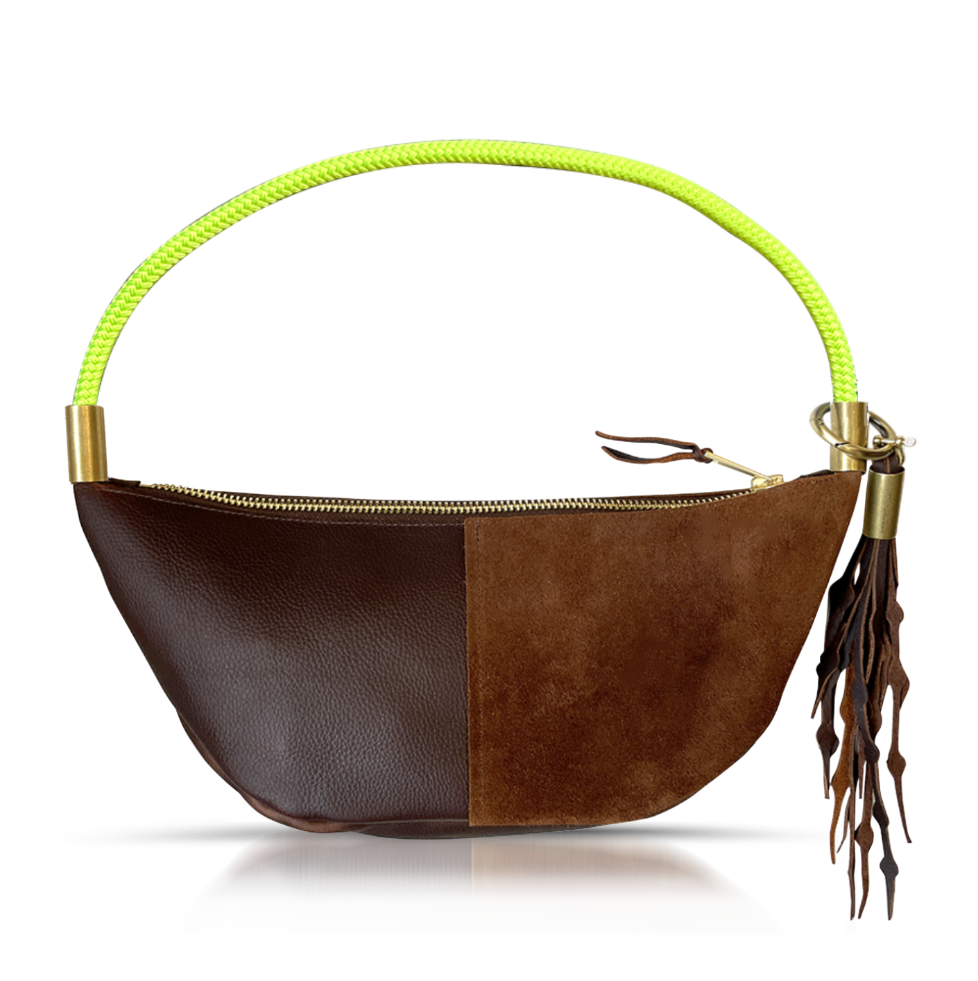 brown leather sling bag with neon yellow dock line