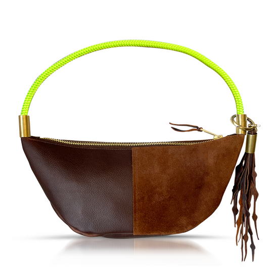 brown leather sling bag with neon yellow dock line