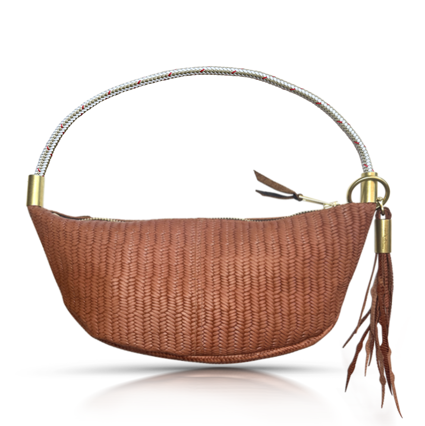 brown basketweave sling bag with gold dock line handle