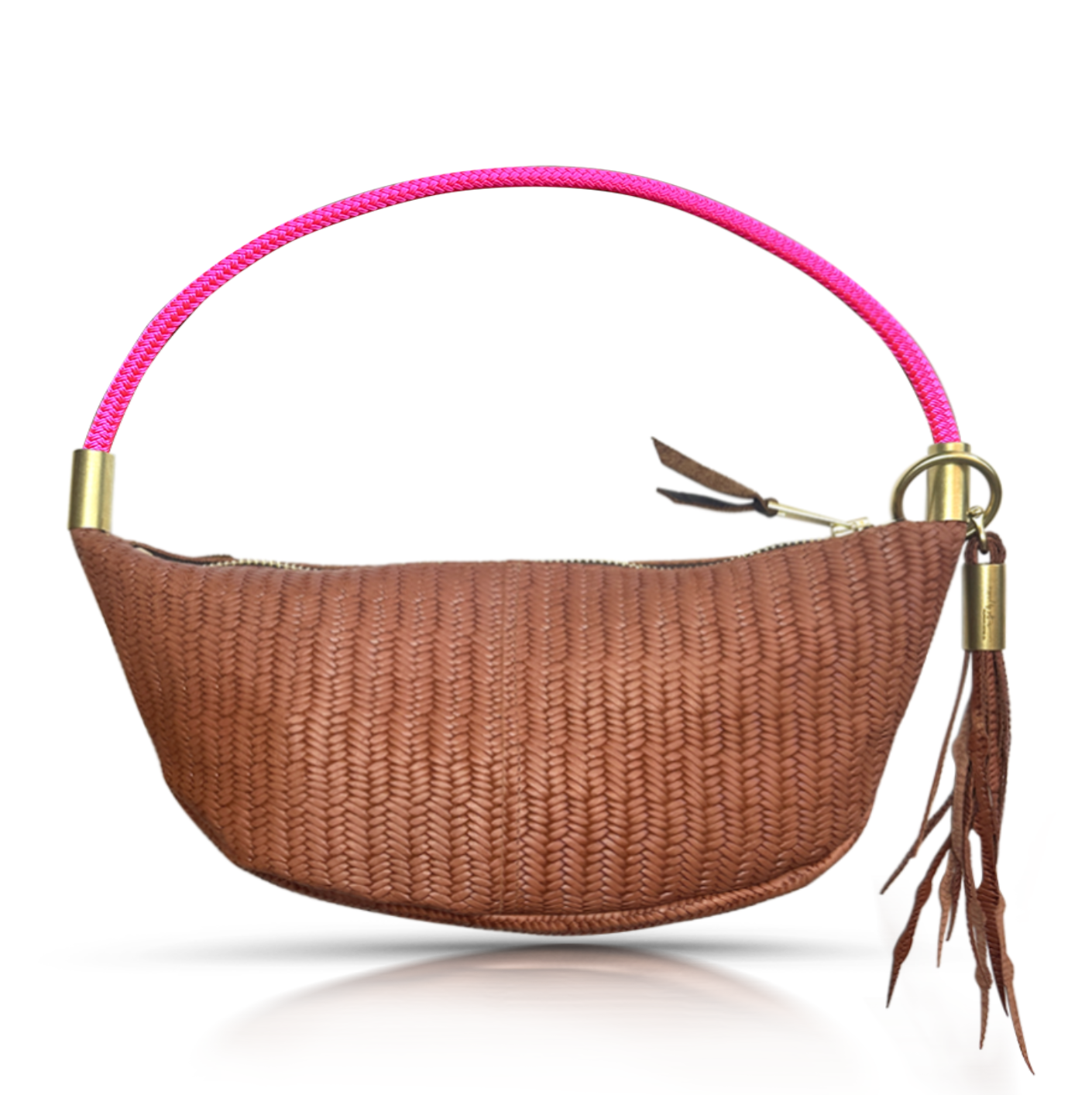 brown basketweave sling bag with neon pink dock line handle