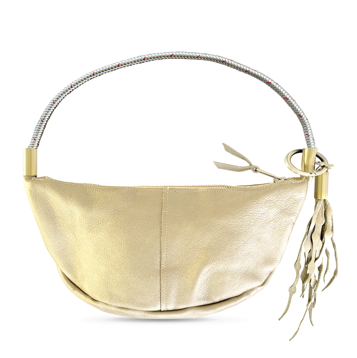 gold leather sling bag with gold dock line