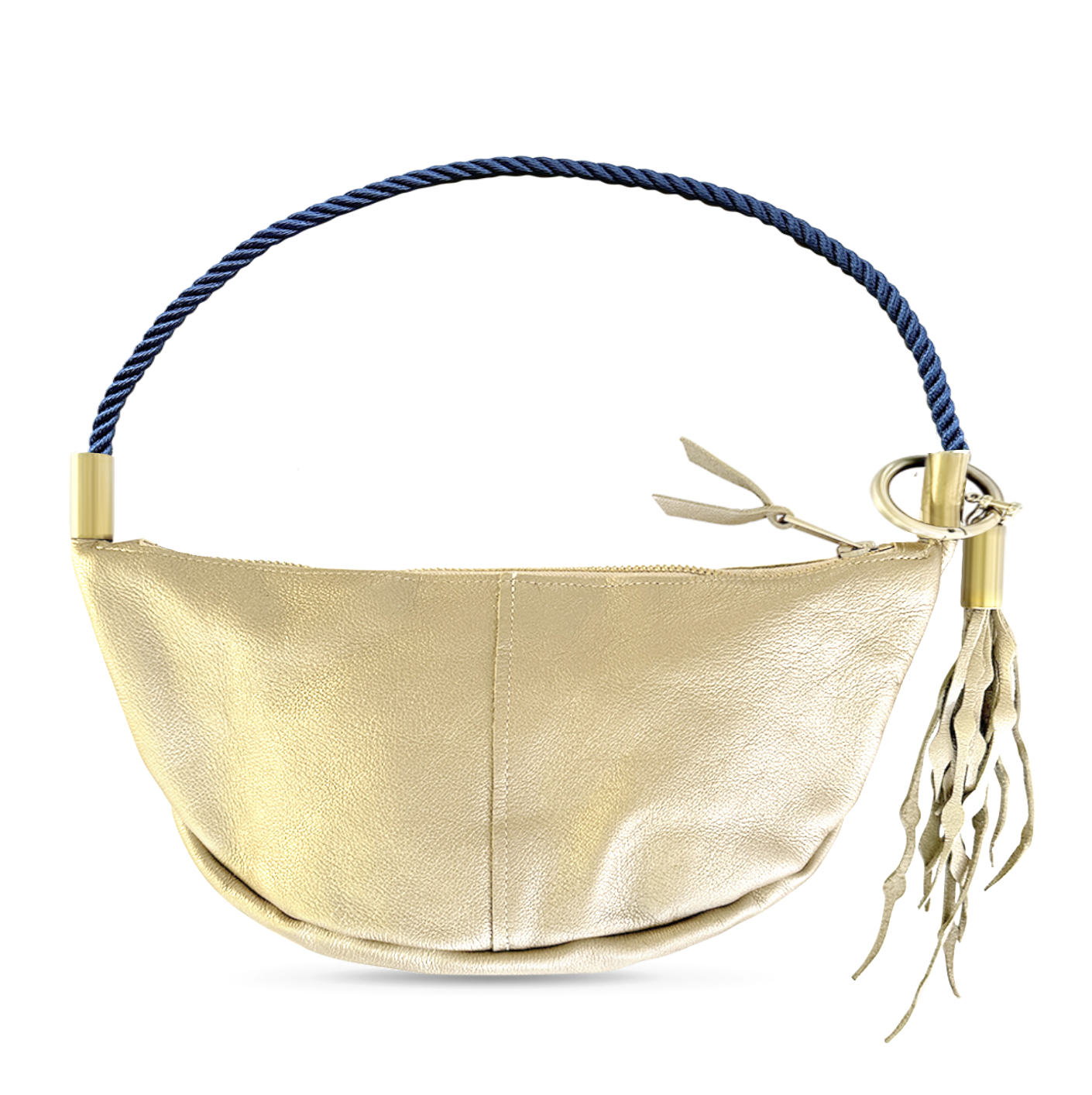 Load image into Gallery viewer, gold leather sling bag with navy dock line
