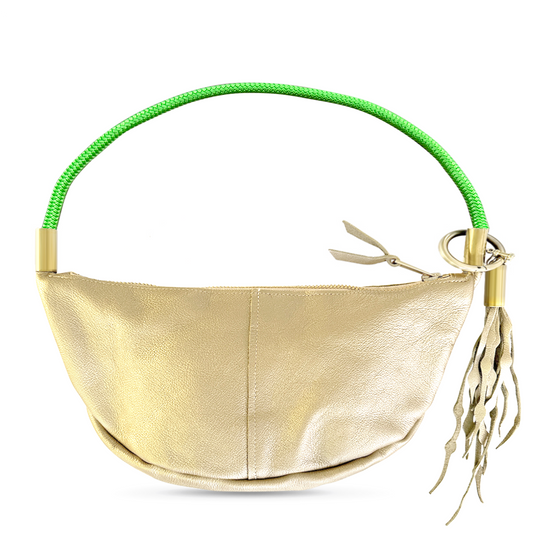 Load image into Gallery viewer, gold leather sling bag with neon green dock line
