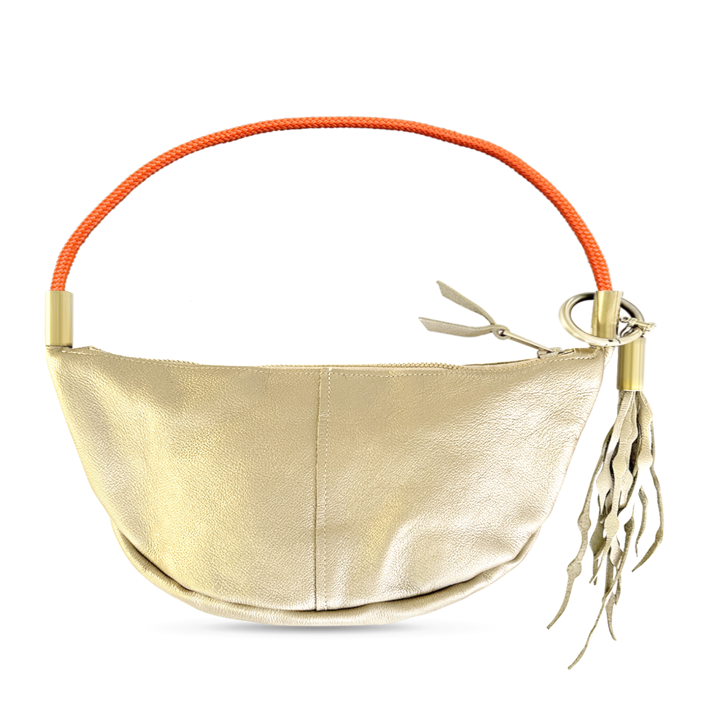 gold leather sling bag with neon orange dock line