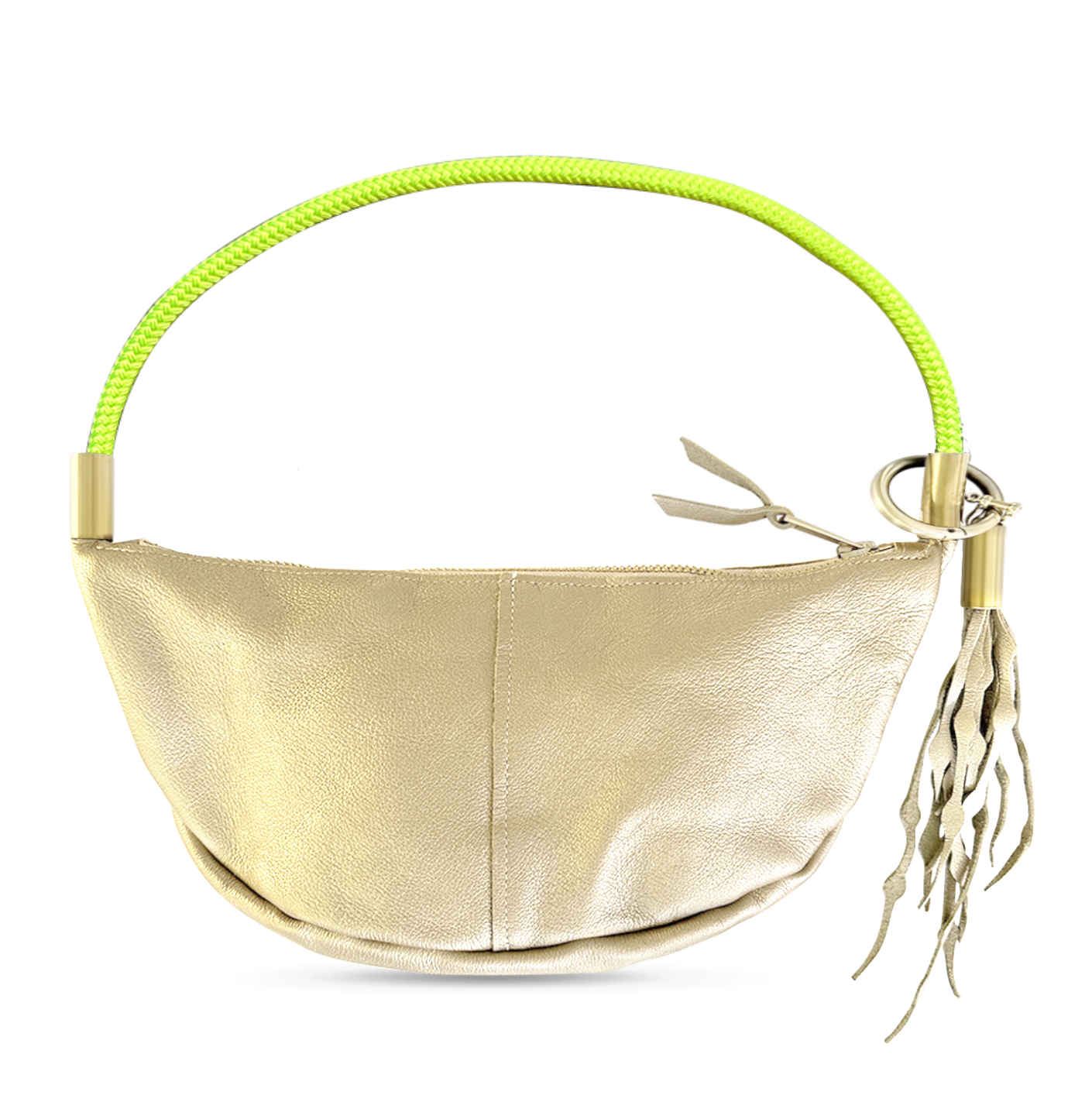 Load image into Gallery viewer, gold leather sling bag with neon yellow dock line
