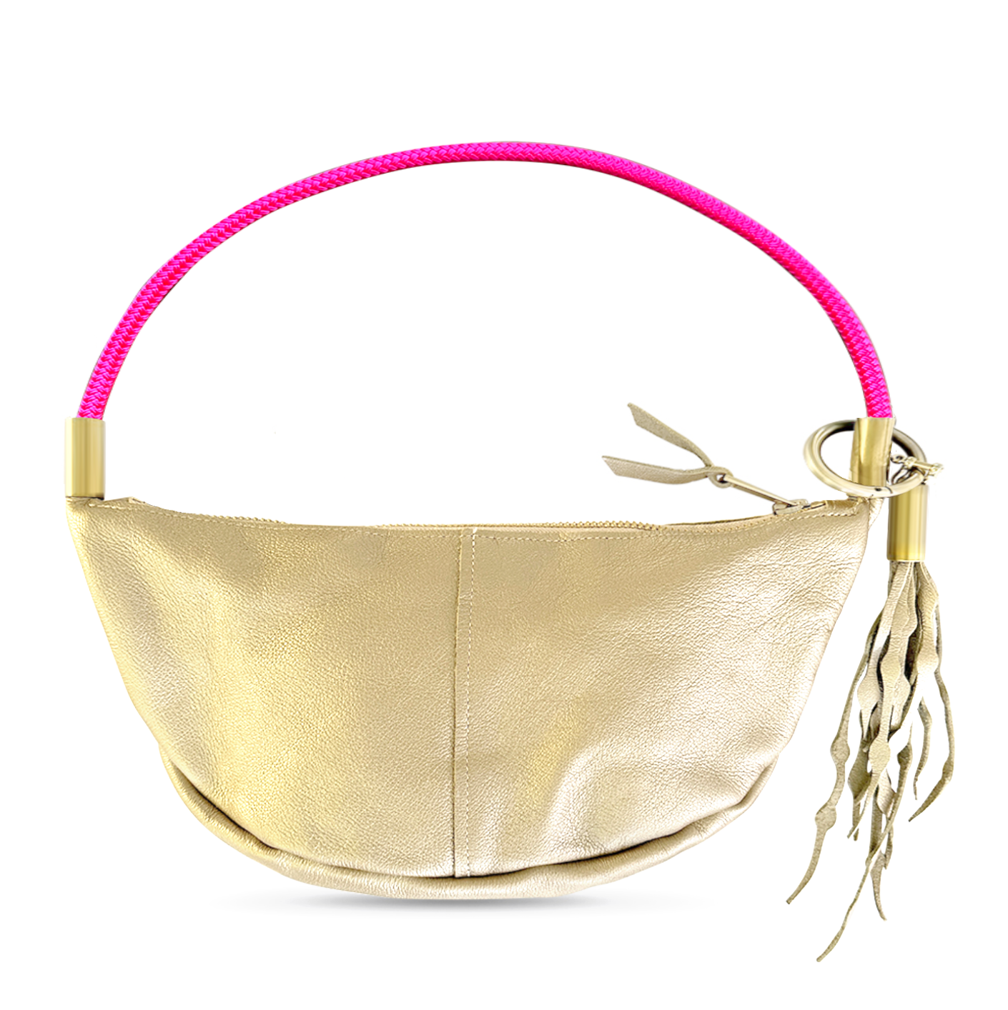 Load image into Gallery viewer, gold leather sling bag with neon pink dock line
