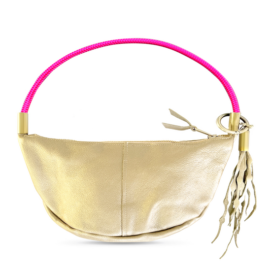 Load image into Gallery viewer, gold leather sling bag with neon pink dock line
