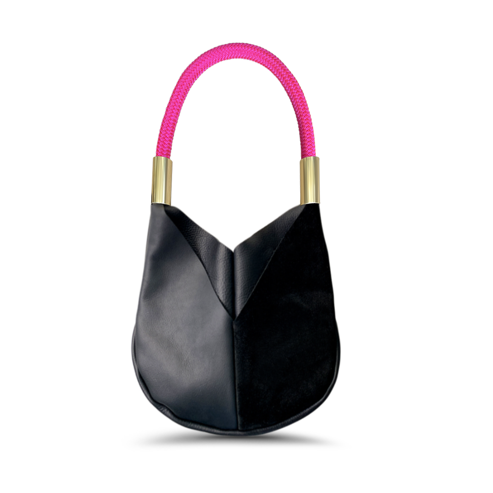 small black leather tote with neon pink dock line
