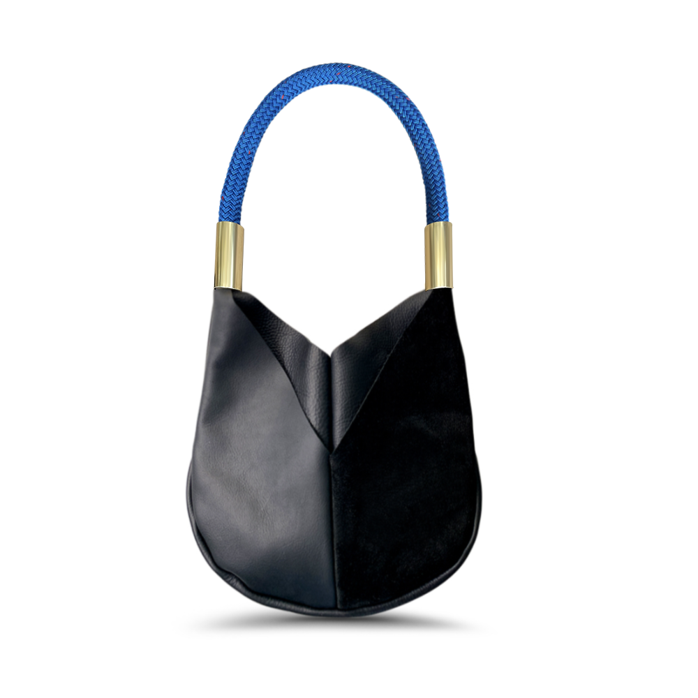 small black leather tote with harborside blue dock line