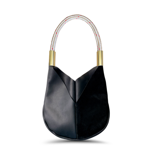 Load image into Gallery viewer, small black leather tote with oystershell gold dock line
