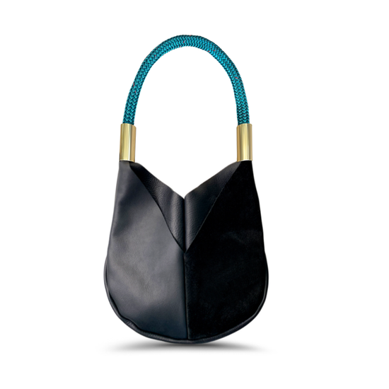 small black leather tote with teal dock line